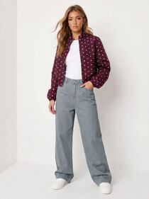 Wine Polka Dot Bubble Hem Zip Windbreaker Jacket