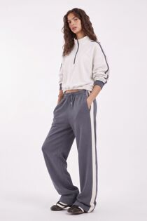 Slate Grey Contrast Zip-Up Top & Wide-Leg Side-Stripe Trouser Co-Ord Set