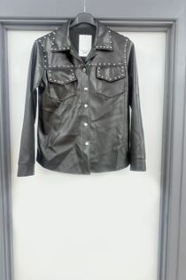 Black Studded Pu Leather Button Up Pocket Long Sleeve Shirt