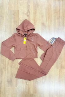 Chocolate Cropped Zipped Hoodie With Bell Bottom Trouser