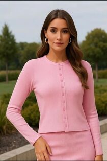 Pink Ribbed Molly Button Through Top