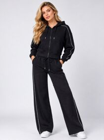Black Hooded Zip-Up & Stripe Detail Jogger Tracksuit Set