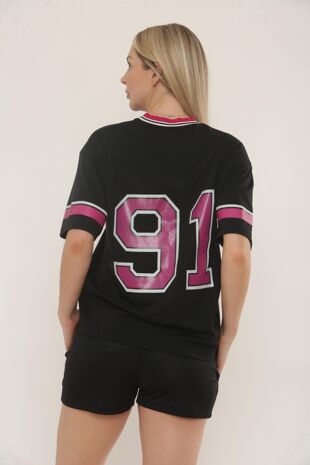 Black Contrast Short Sleeve LA Varsity T-Shirt With Short Set