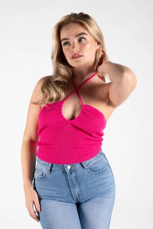 Fuchsia Criss Cross Halter Knit Top 