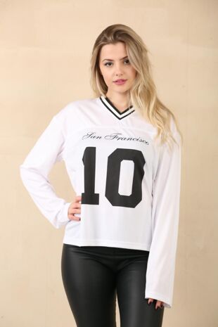 White San Francisco Varsity Sports Jersey V-Neck Full Sleeve T-Shirt 