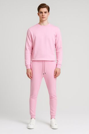 Pink Fleece Basic Crew Neck Tracksuit