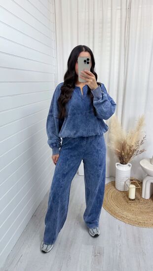 Blue Acid Wash Bomber Sweatshirt With Straight Leg Trouser