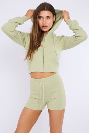 Sage Green Cropped Hoodie With Seam Detail Short Set