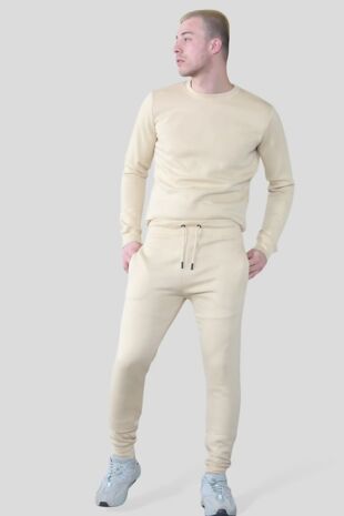 Beige Fleece Basic Crew Neck Tracksuit