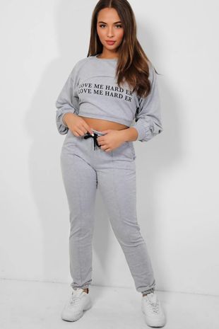 Grey Love Me Harder Crop Top 3 Piece Tracksuit