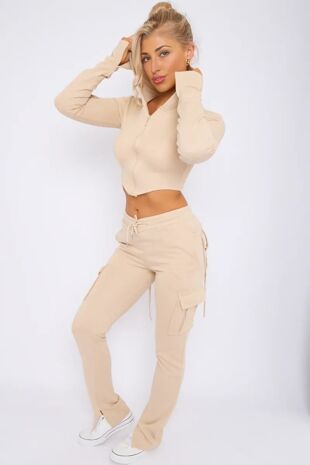 Oatmeal Crop Corset Hoodie With Cargo Trousers