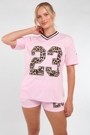 Pink Leopard Base Print Varsity T-Shirt With Short Set