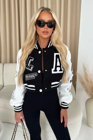 Black Faux Leather Cropped Contrast Varsity Bomber Jacket
