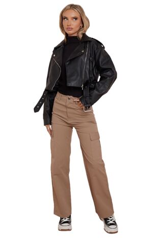 Black Faux Leather Cropped Belted Biker Jacket