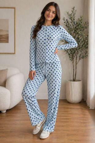 Blue Ribbed Polka Dot Molly Button Top And Wide Leg Trousers
