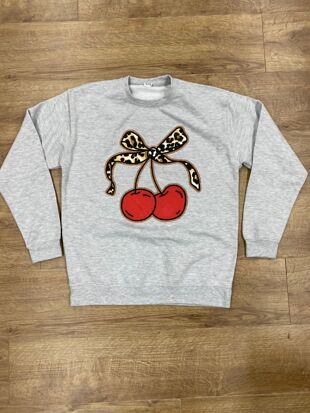 Grey Leopard Print Bow Cherry Sweatshirt