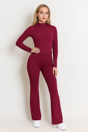 Wine Active Zipped Jacket With Scrunch Bum Flare Trouser