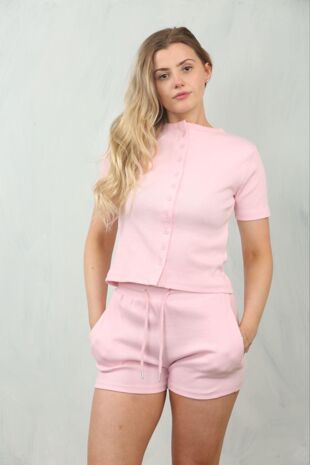 Pink Ribbed Button-Front Crop Top With Drawstring Shorts Set
