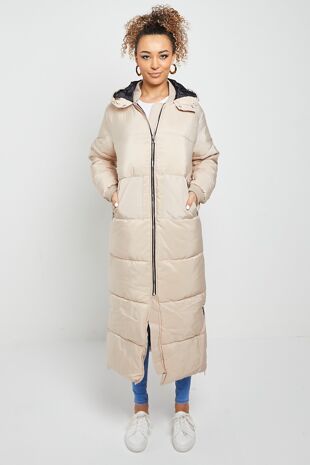 Beige Hooded Maxi Puffer Coat