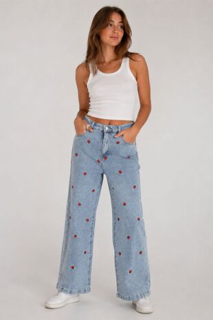 Blue Light Wash Strawberry Embroidered Wide Leg Jean