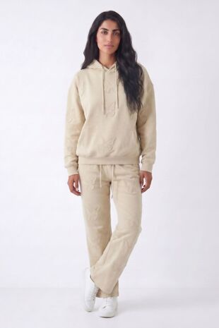 Beige Butterfly Embossed Hoodie Straight Leg Jogger