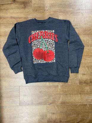 Dark Grey Long Sleeve Leopard Base Cherry Print Sweatshirt