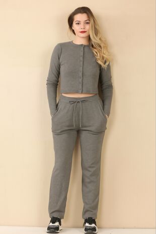 Ribbed Molly Button Through Top And Wide Leg Trouser