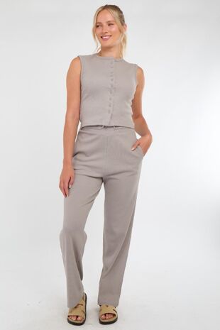 Dove Grey Ribbed Sleeveless Button Up Top With Wide Leg Trouser