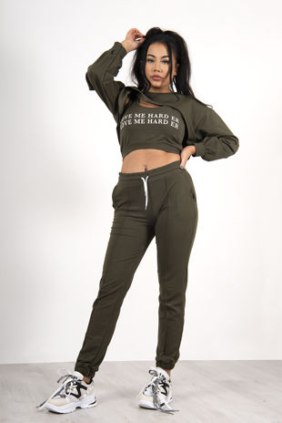 Khaki Love Me Harder Crop Top 3 Piece Tracksuit