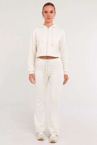 Ivory Cropped Zipped Hoodie With Bell Bottom Trouser