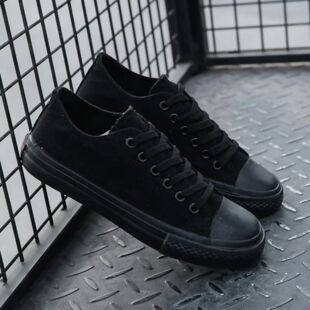 All Black Canvas Lace Up Flat Trainers