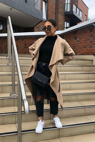 Alisha Pure Gold Camel Draped Long Waterfall Belted Coat