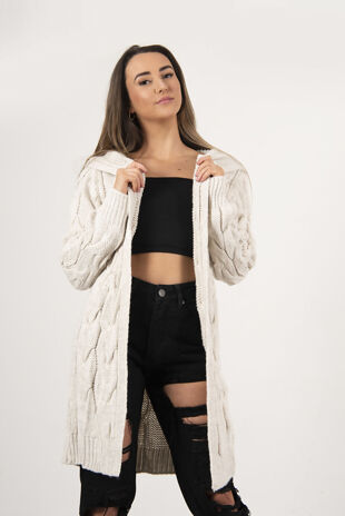 Beige Cable Knit Hood Cardigan