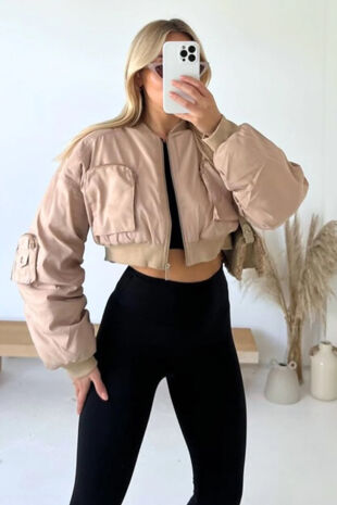 Beige Cropped Cargo Bomber Jacket