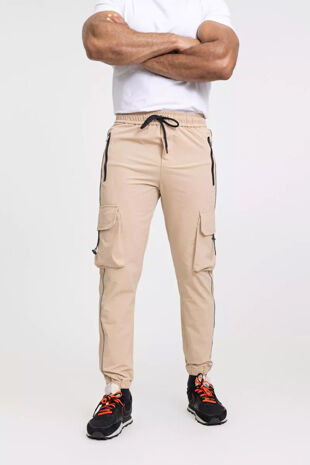 Beige Reflective Piped Shell Cargo Jogger