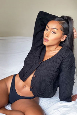 Black Cable Cropped Button Up Cardigan