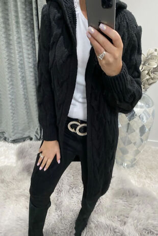 Black Cable Knit Hood Cardigan