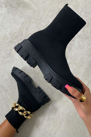 Black Chunky Sole Sock Ankle Boots