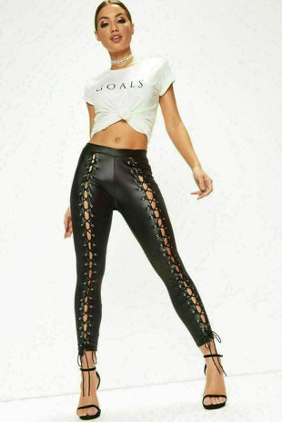Black Coated Lace Up Leggings