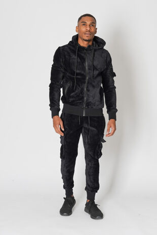 Black Corduroy Hooded Cargo Tracksuit