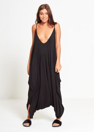 Black Draped Romper Harem Jumpsuit