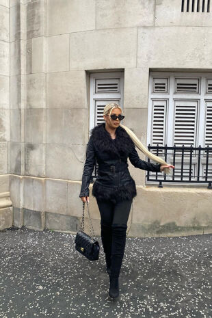Black Faux Fur Trim PU Biker Jacket