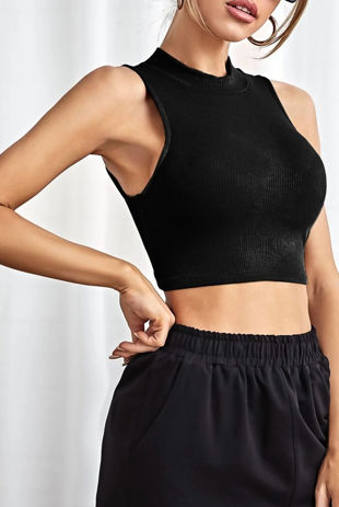 Black High Neck Rib Racer Tank Top