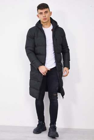 Black Padded Hood Longline Parka 