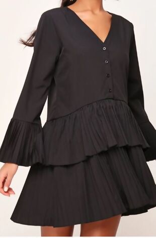 Black Pleated Smock Hem Dress