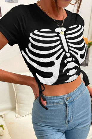 Black Ribbed Skeleton Print Ruched Side Crop Tee