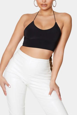 Black Slinky Spaghetti Strap Halterneck Crop Top