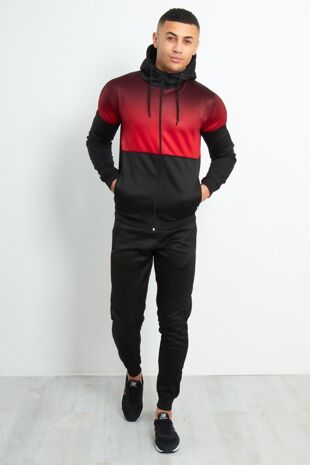 Black with Red Faded Funnel Hood Tracksuit Size L