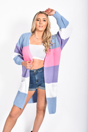 Blue Colour Block Longline Cardigan