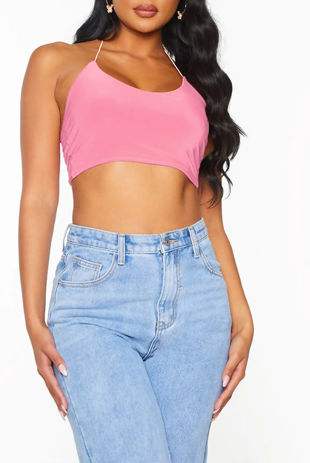 Bubblegum Pink Slinky Spaghetti Strap Halterneck Crop Top